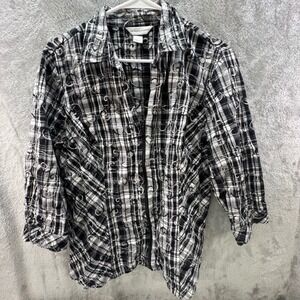 Christopher & Banks Womens XL Black White Plaid Embroidered Layering Tartan